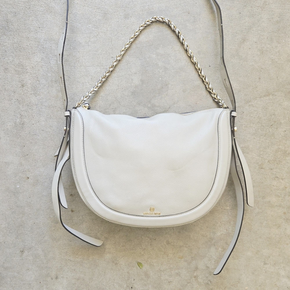 MK Michael Kors Dover Pebble Leather Shoulder Bag Gold Carry Strap Cream